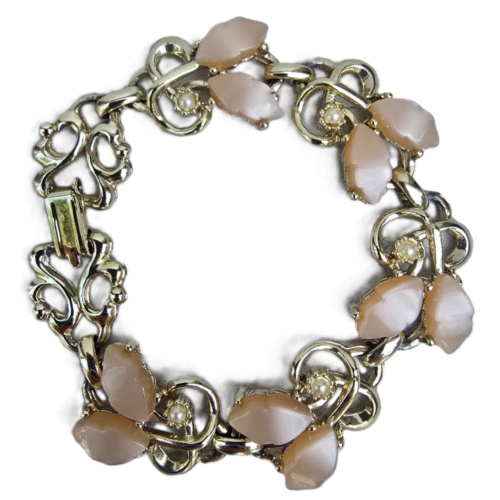 Vintage MCM Gold Tone Peach Moonglow Lucite Faux Pearl Leaf Link Bracelet